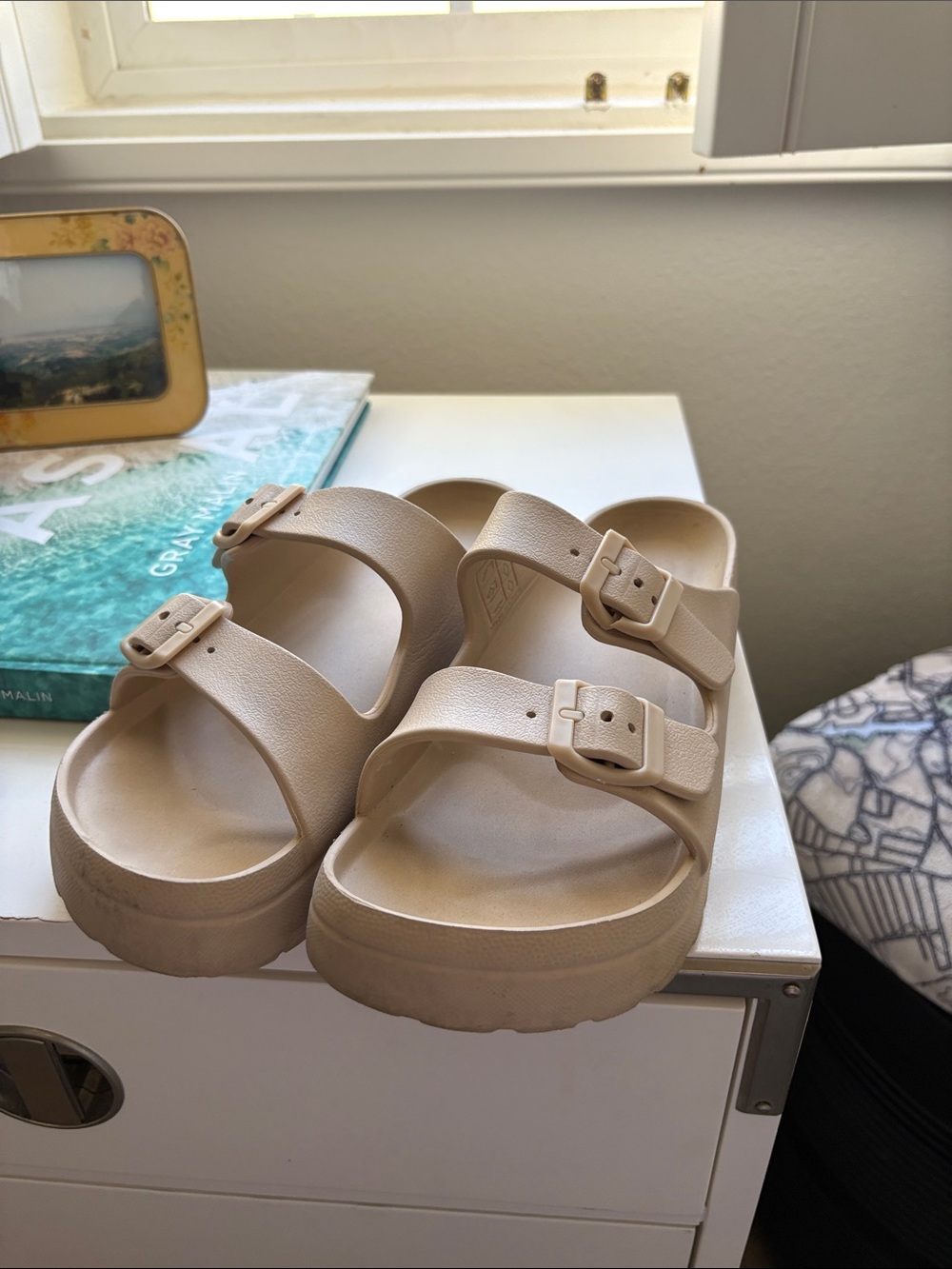 Women’s Beige Double-Buckle Slide Sandals